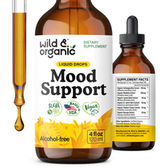 Wild and Organic mood-support bottle pour for easy daily dosing.