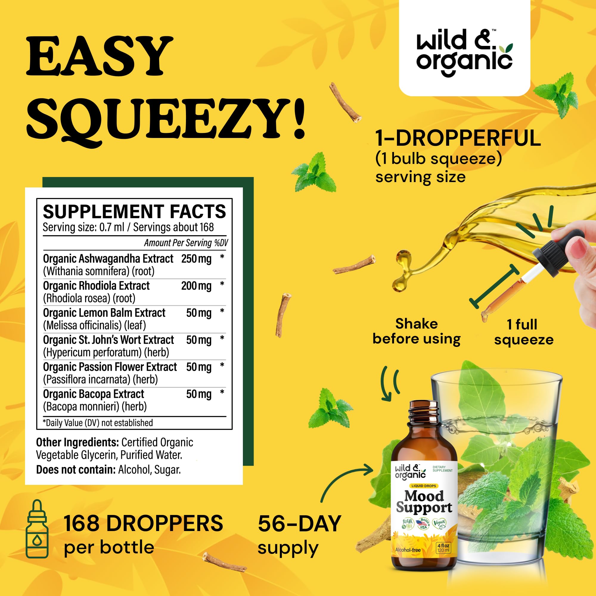 Wild and Organic mood-support bottle label highlights vegan, non-GMO formula.