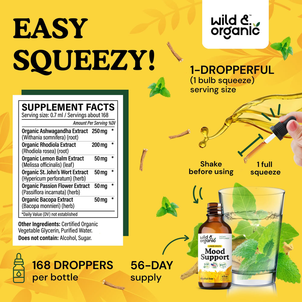 Wild and Organic mood-support bottle label highlights vegan, non-GMO formula.
