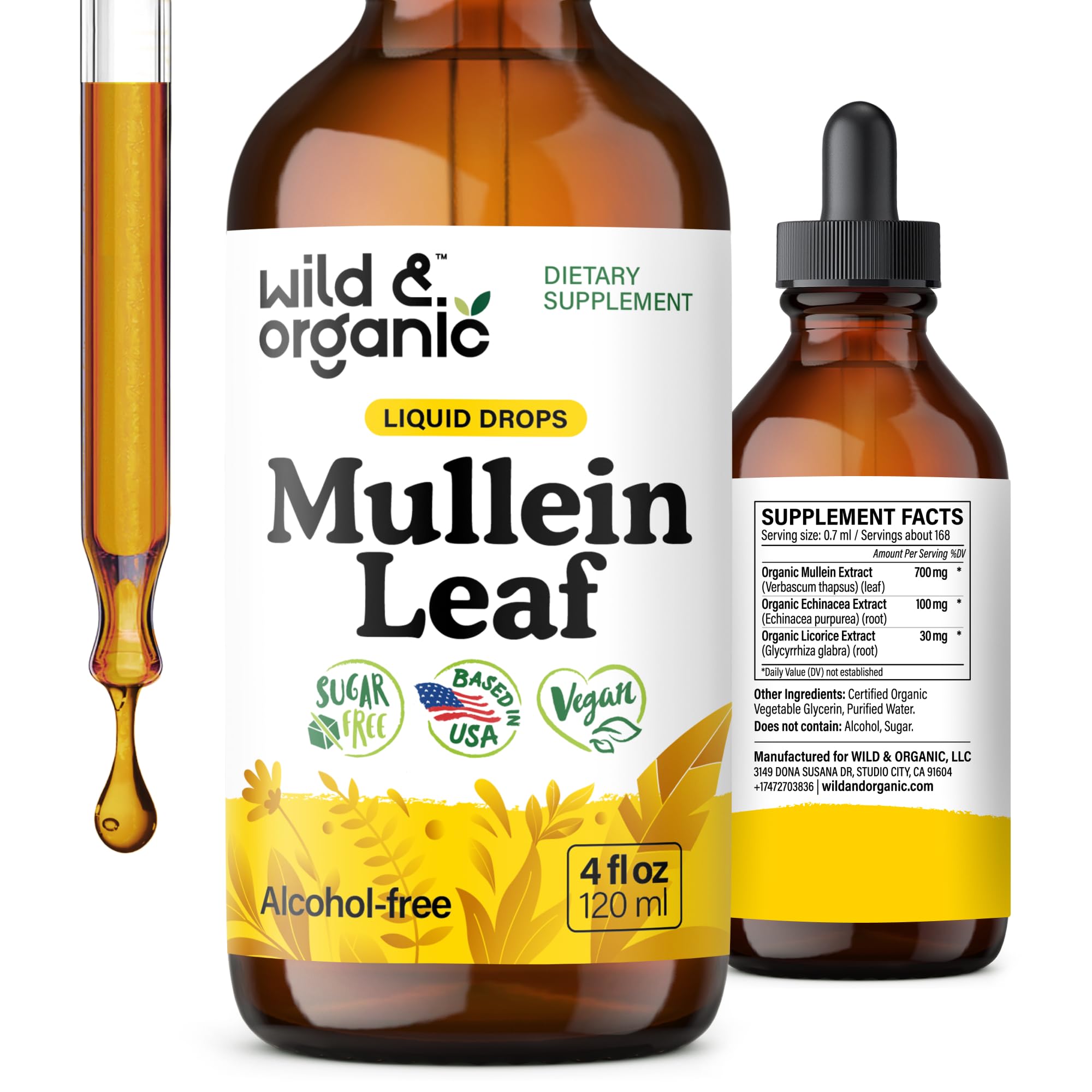 Wild & Organic Mullein Drops bottle highlights lung support with echinacea.