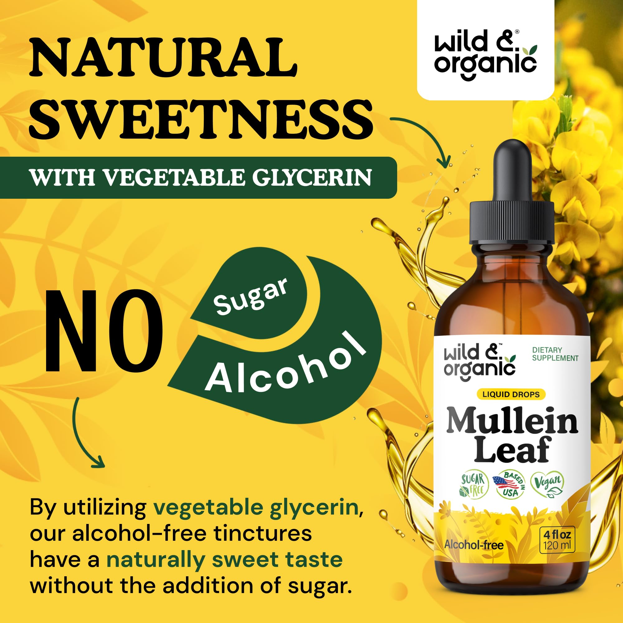 Wild & Organic Mullein Drops serving diagram illustrates the 56-day supply.