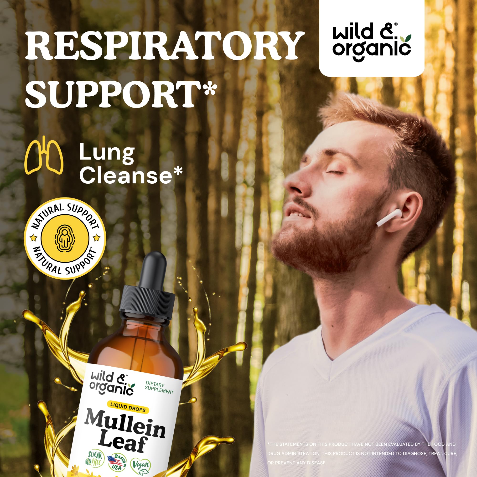 Wild & Organic Mullein Drops dropper shows alcohol-free tincture for gentle daily use.