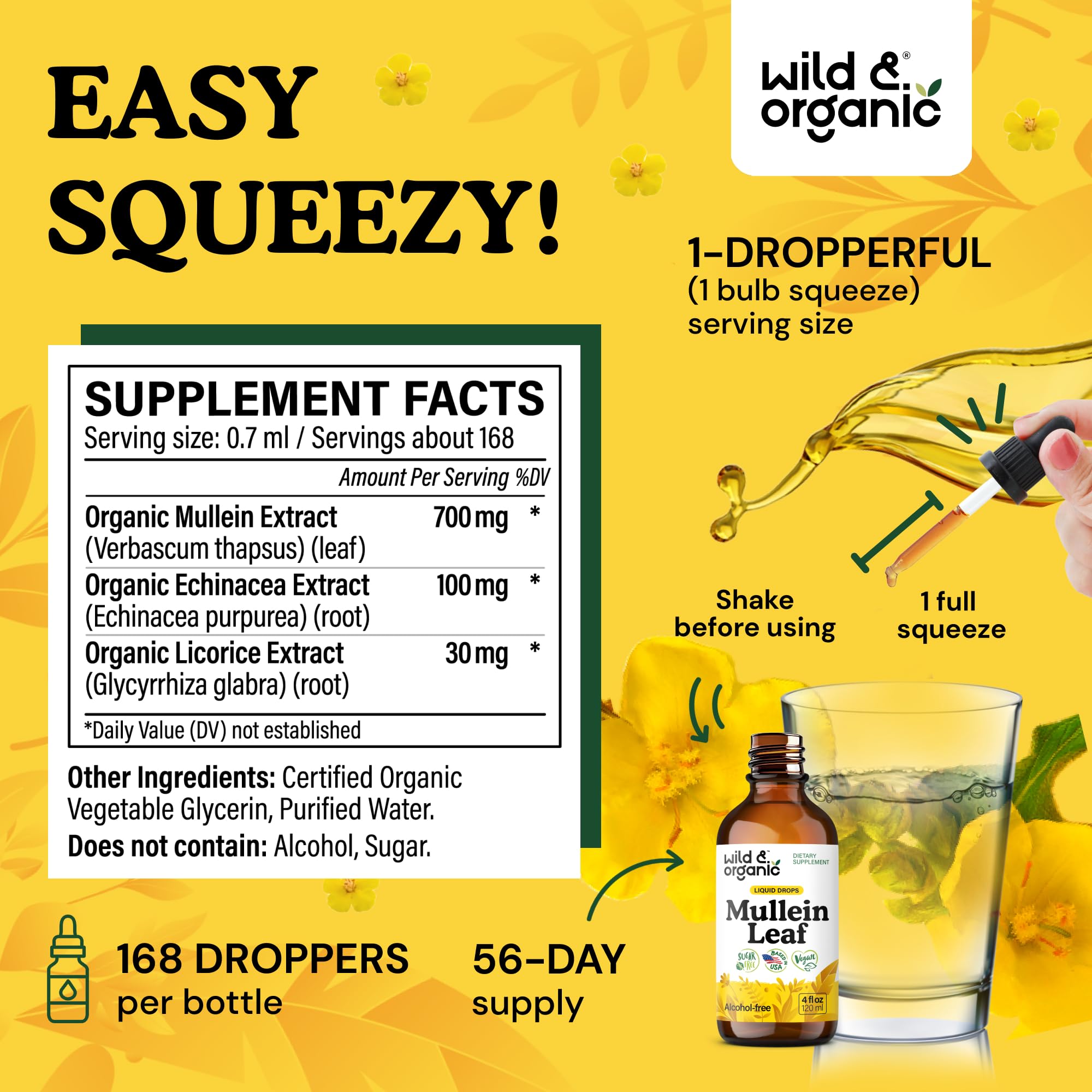 Wild & Organic Mullein Drops ingredients page highlights mullein, echinacea, and licorice.
