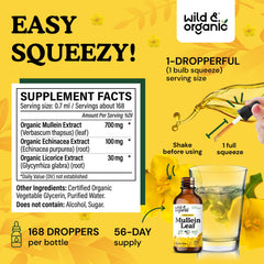 Wild & Organic Mullein Drops ingredients page highlights mullein, echinacea, and licorice.