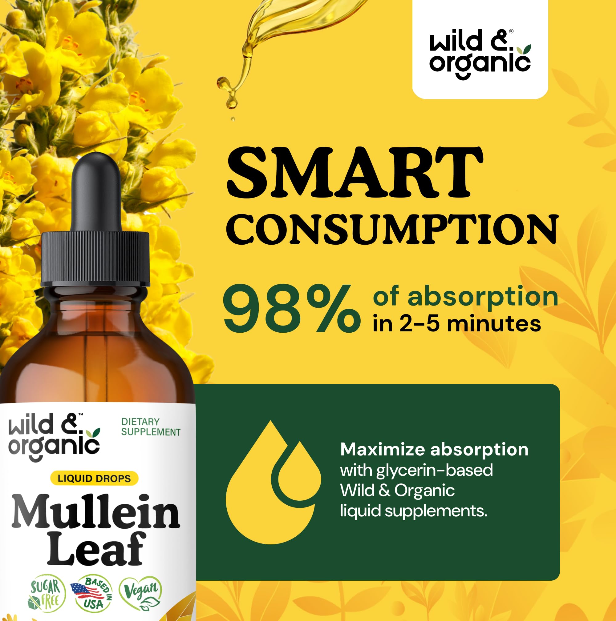 Wild & Organic Mullein Drops label shows vegan, GMO-free formulation for clean-label care.
