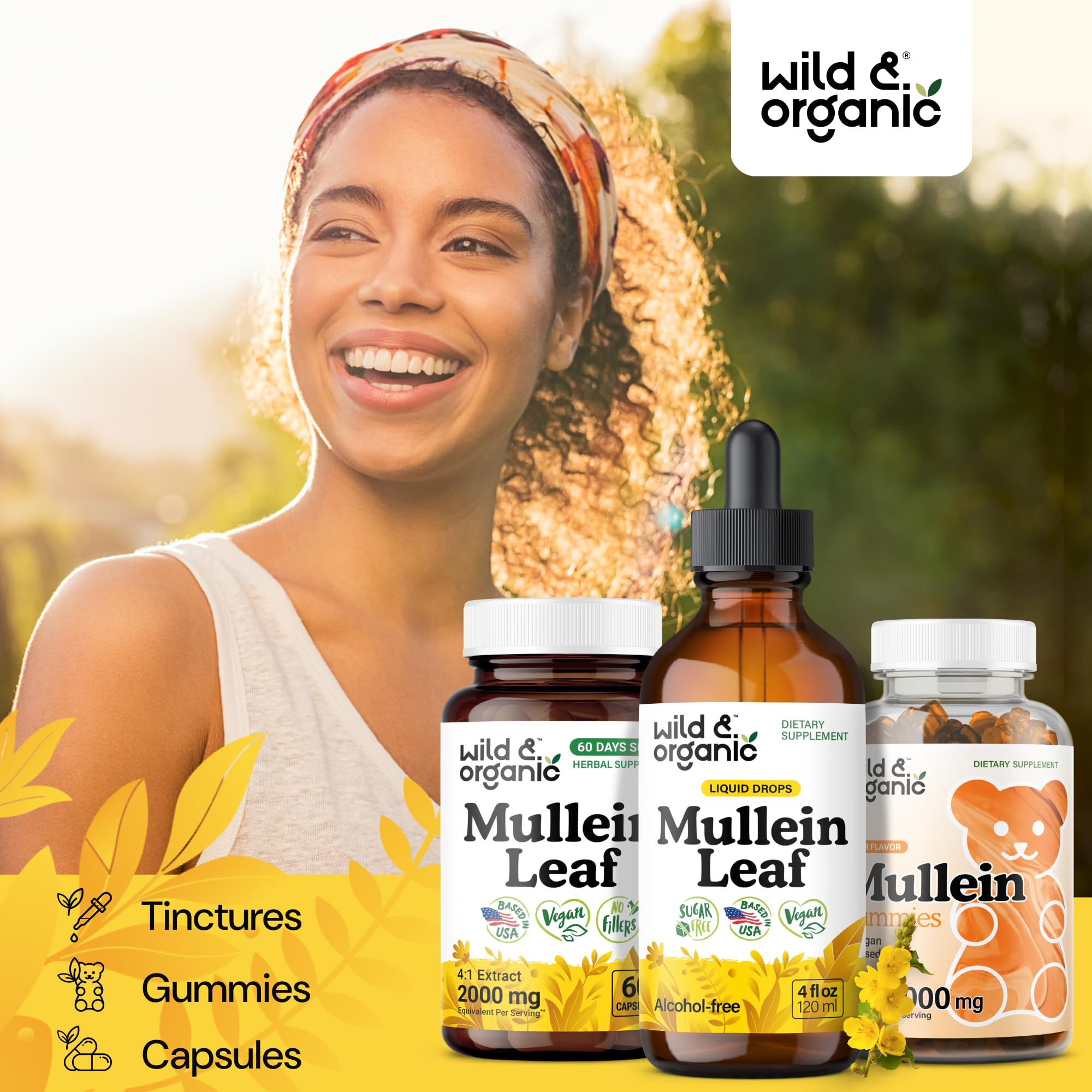Wild & Organic Mullein Drops packaging emphasizes sustainable packaging and plant-based ingredients.