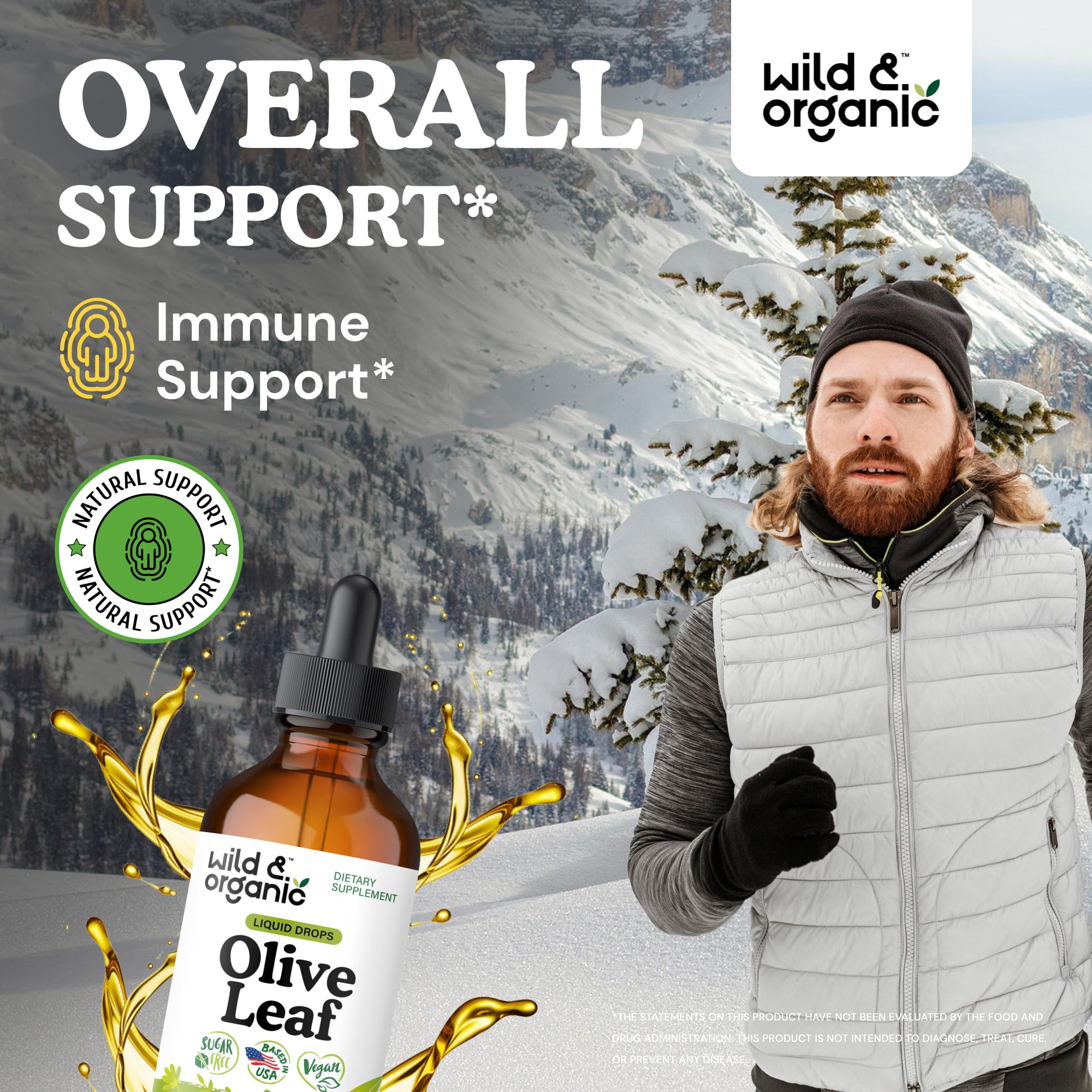 Wild & Organic olive leaf liquid drops poured for convenient daily supplementation