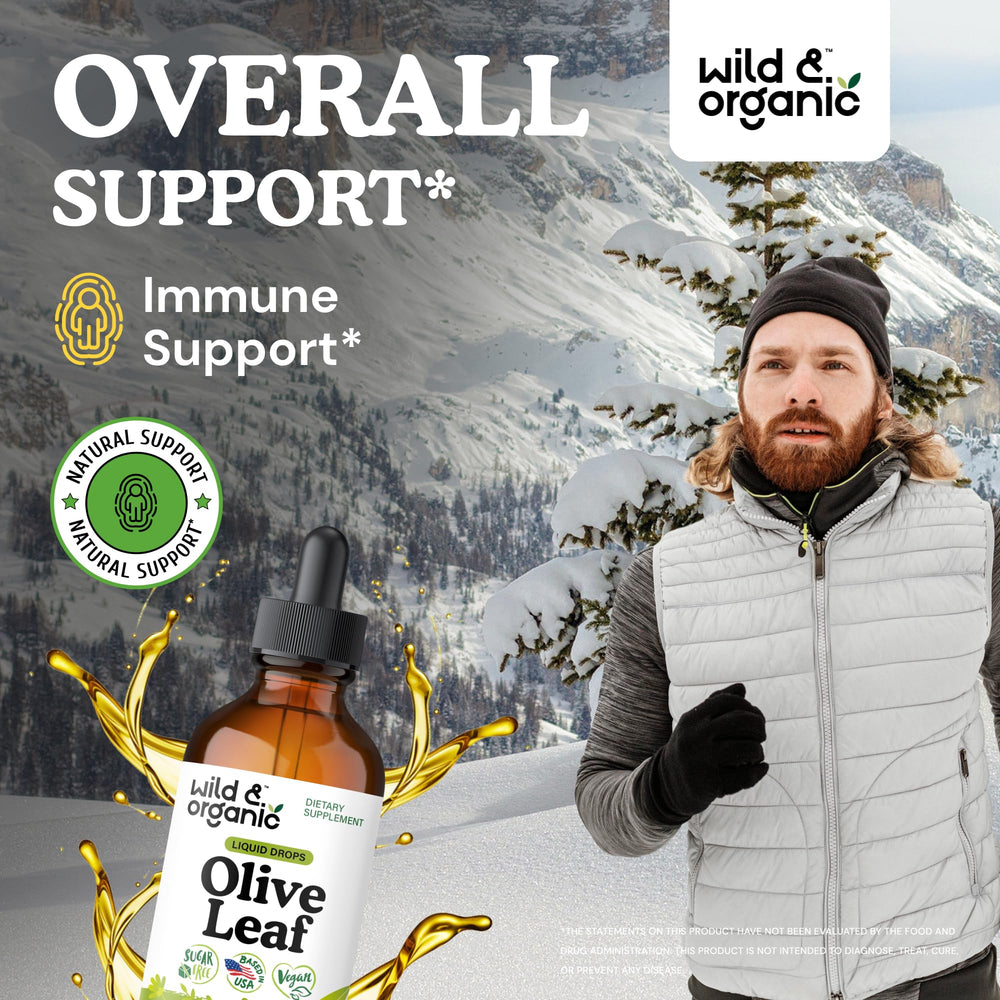 Wild & Organic olive leaf liquid drops poured for convenient daily supplementation