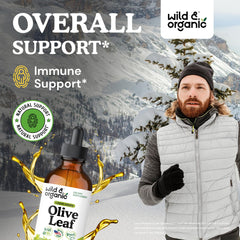 Wild & Organic olive leaf liquid drops poured for convenient daily supplementation