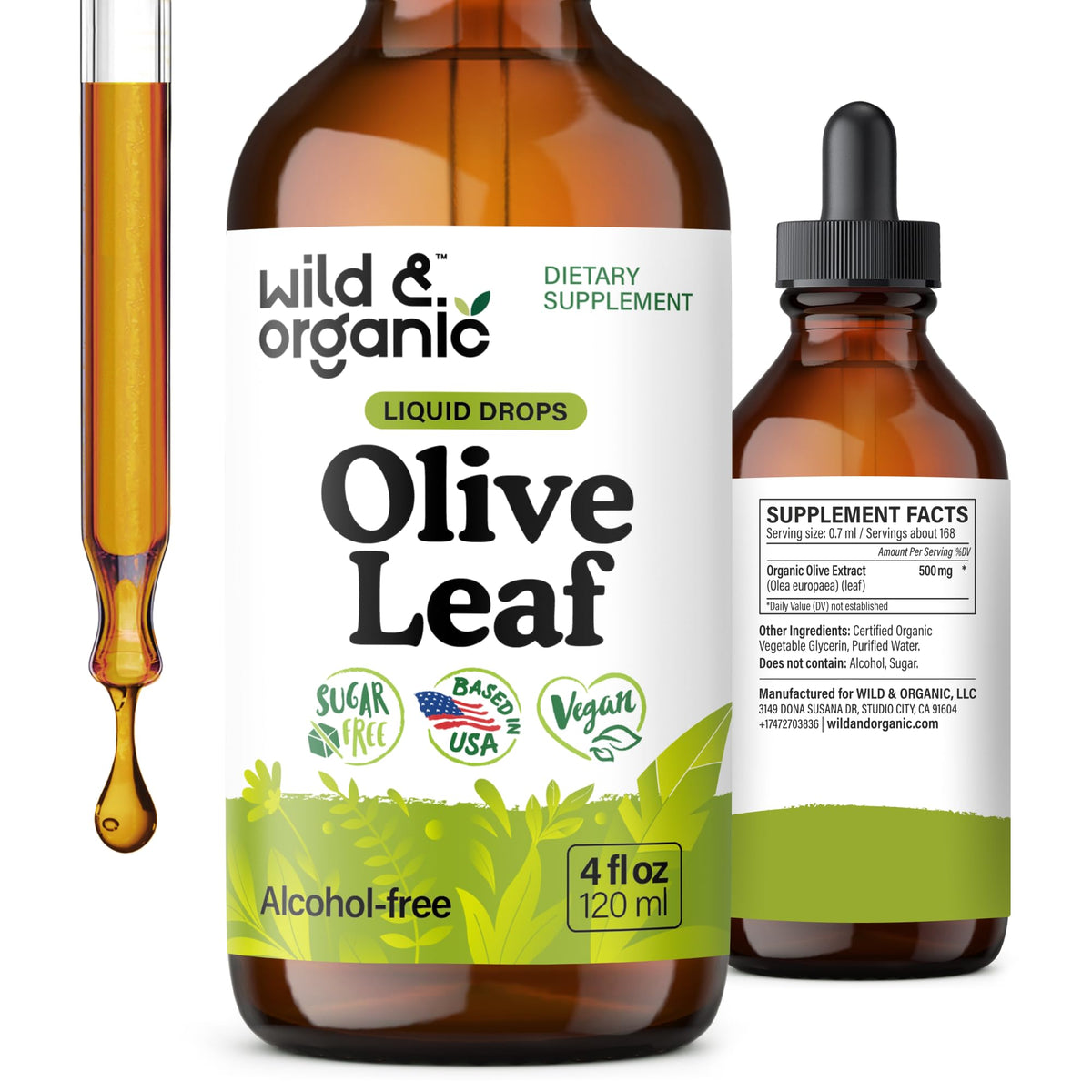Wild & Organic olive leaf tincture bottle showing 500 mg extract for daily wellness