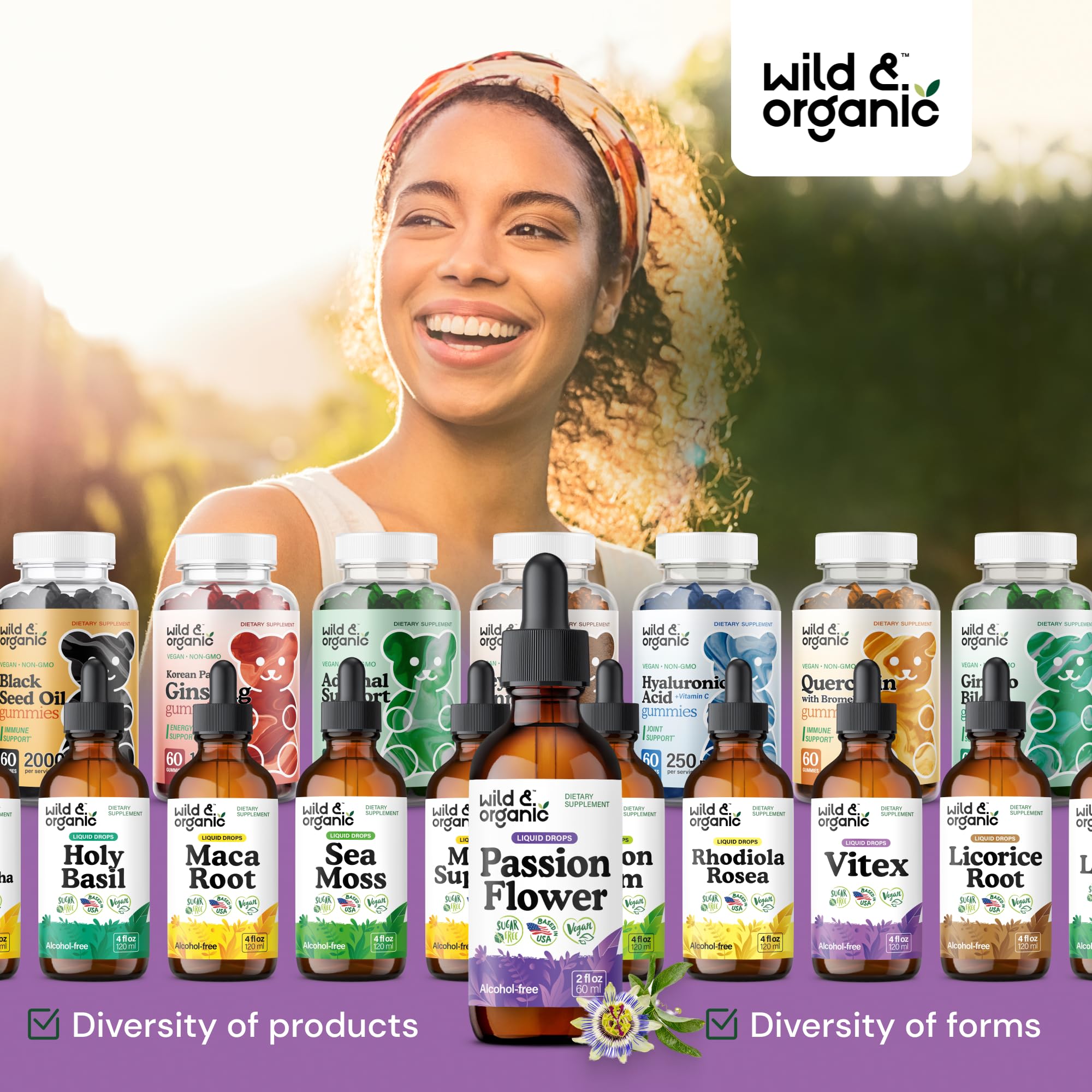 Ingredient scene highlighting wildcrafted passionflower and vegan glycerin base.