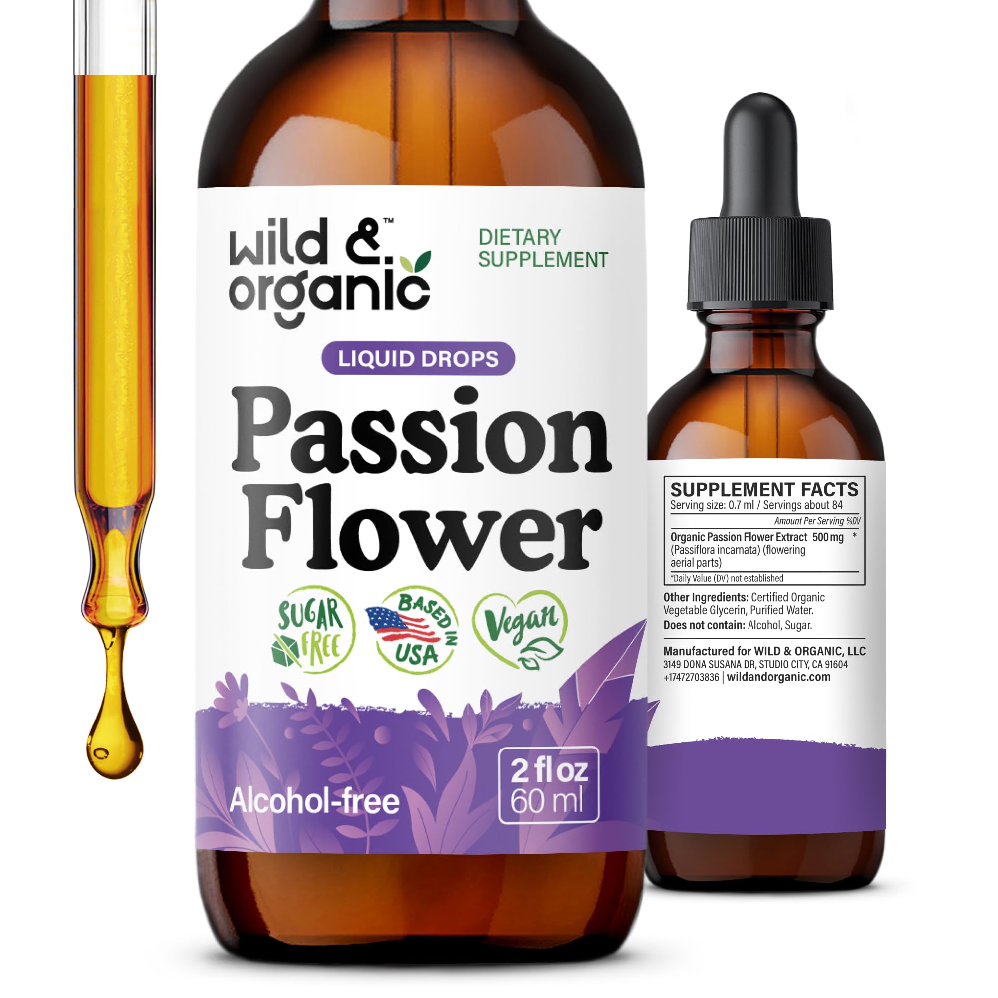 Wild & Organic passionflower tincture bottle offers mood support with a smooth, alcohol-free formula.
