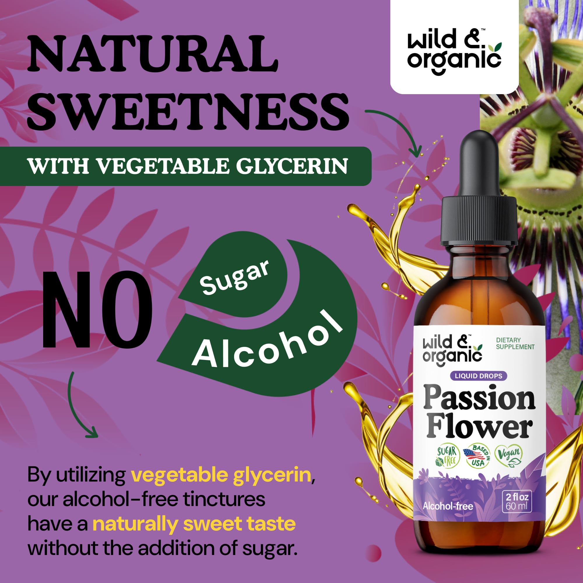 Closeup of the Wild & Organic tincture label with natural colors and premium feel.