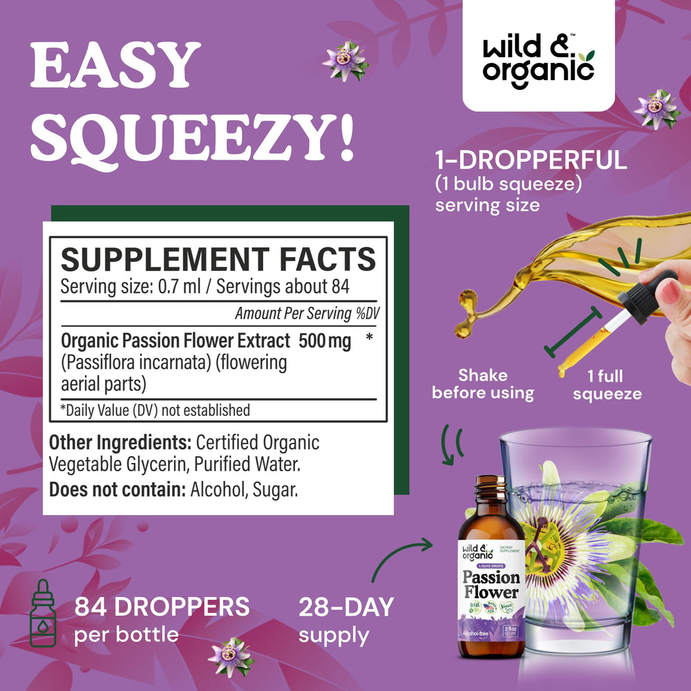 Label closeup of Wild & Organic passionflower tincture showing vegan, alcohol-free formula.