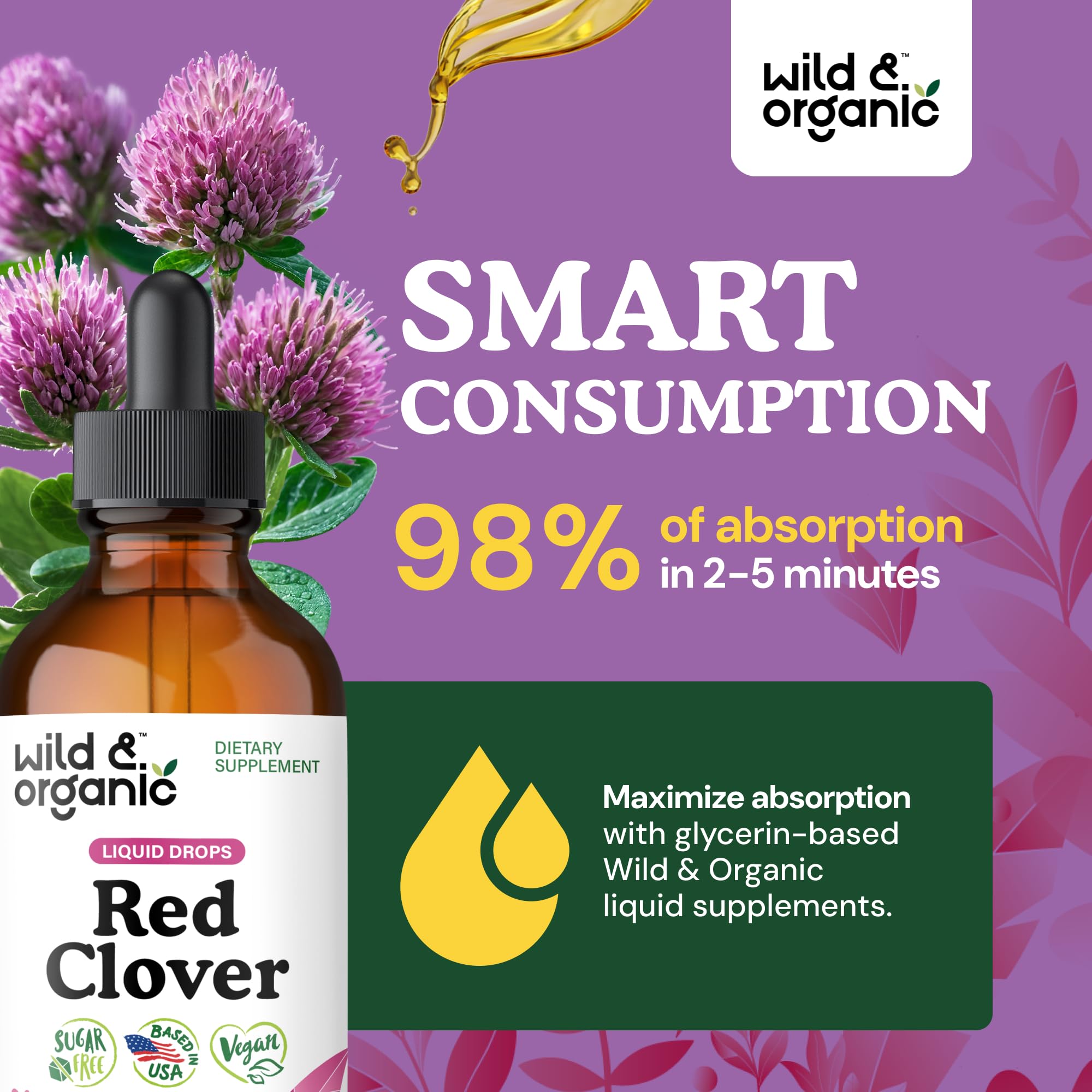 Wild & Organic Red Clover Drops bottle with droplet of liquid.