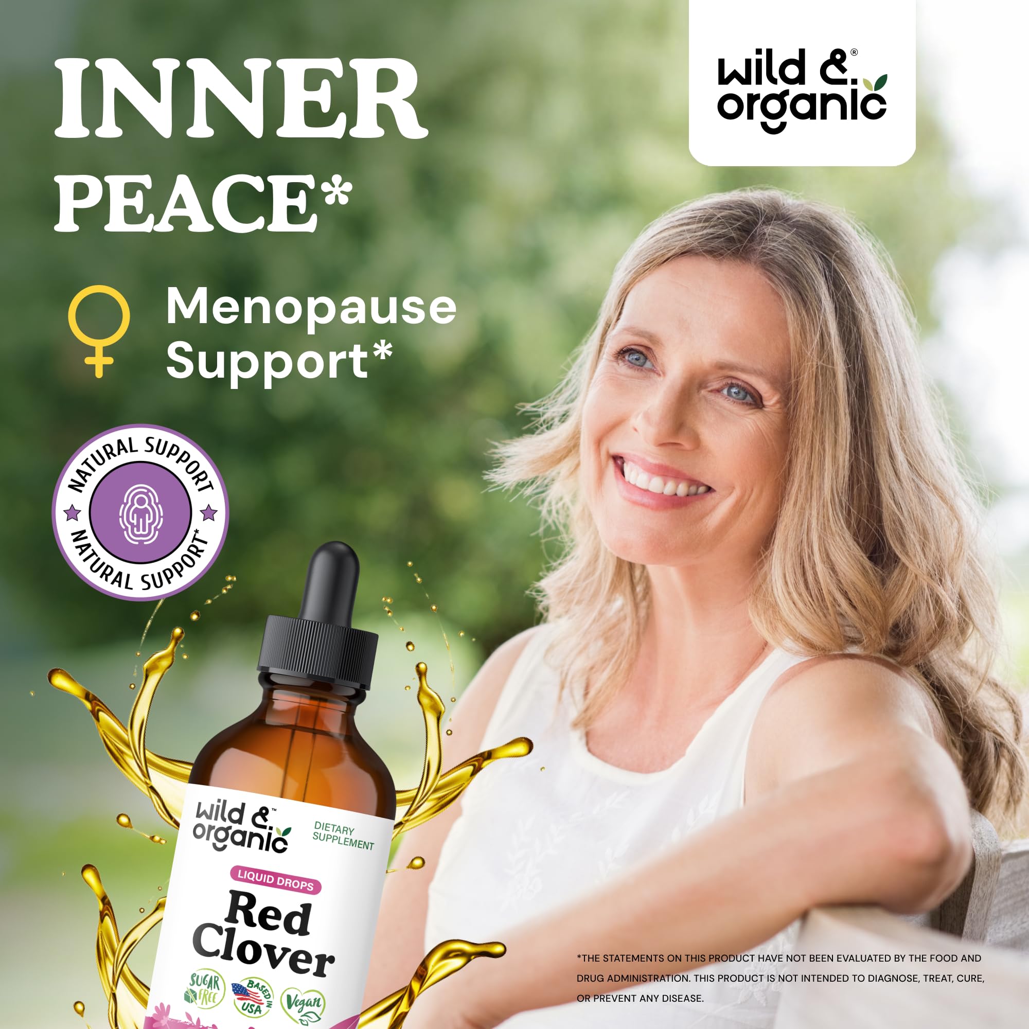 Wild & Organic Red Clover Drops label close-up shows 600 mg per serving.