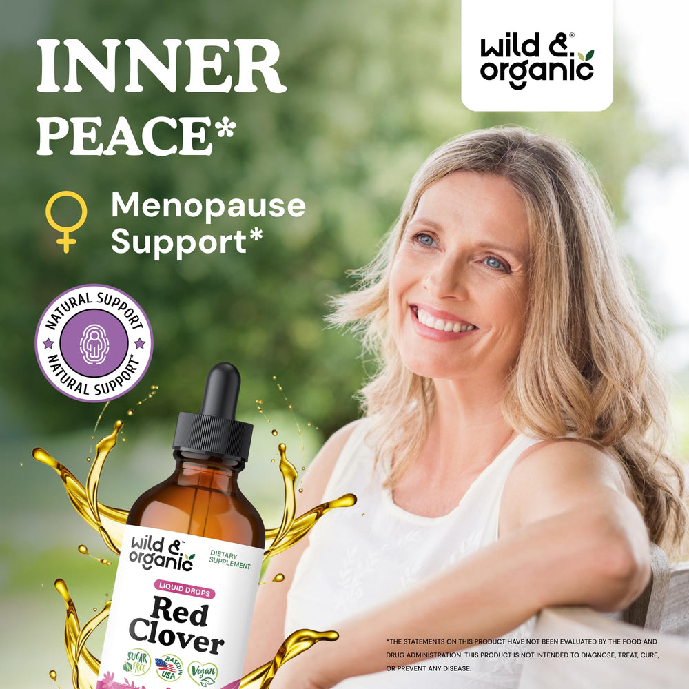 Wild & Organic Red Clover Drops label close-up shows 600 mg per serving.