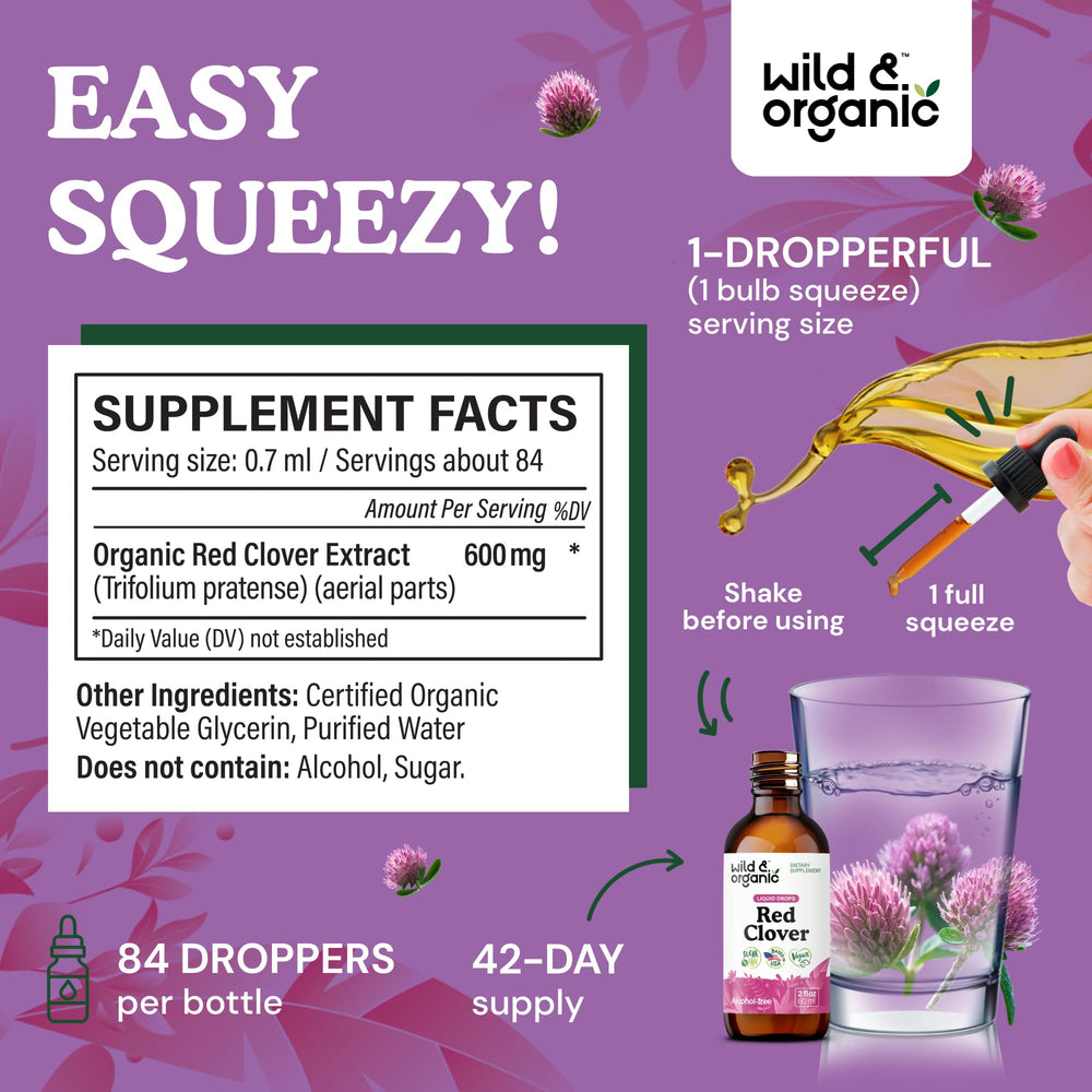 Close-up dropper tip with Wild & Organic Red Clover Drops for precise dosing.