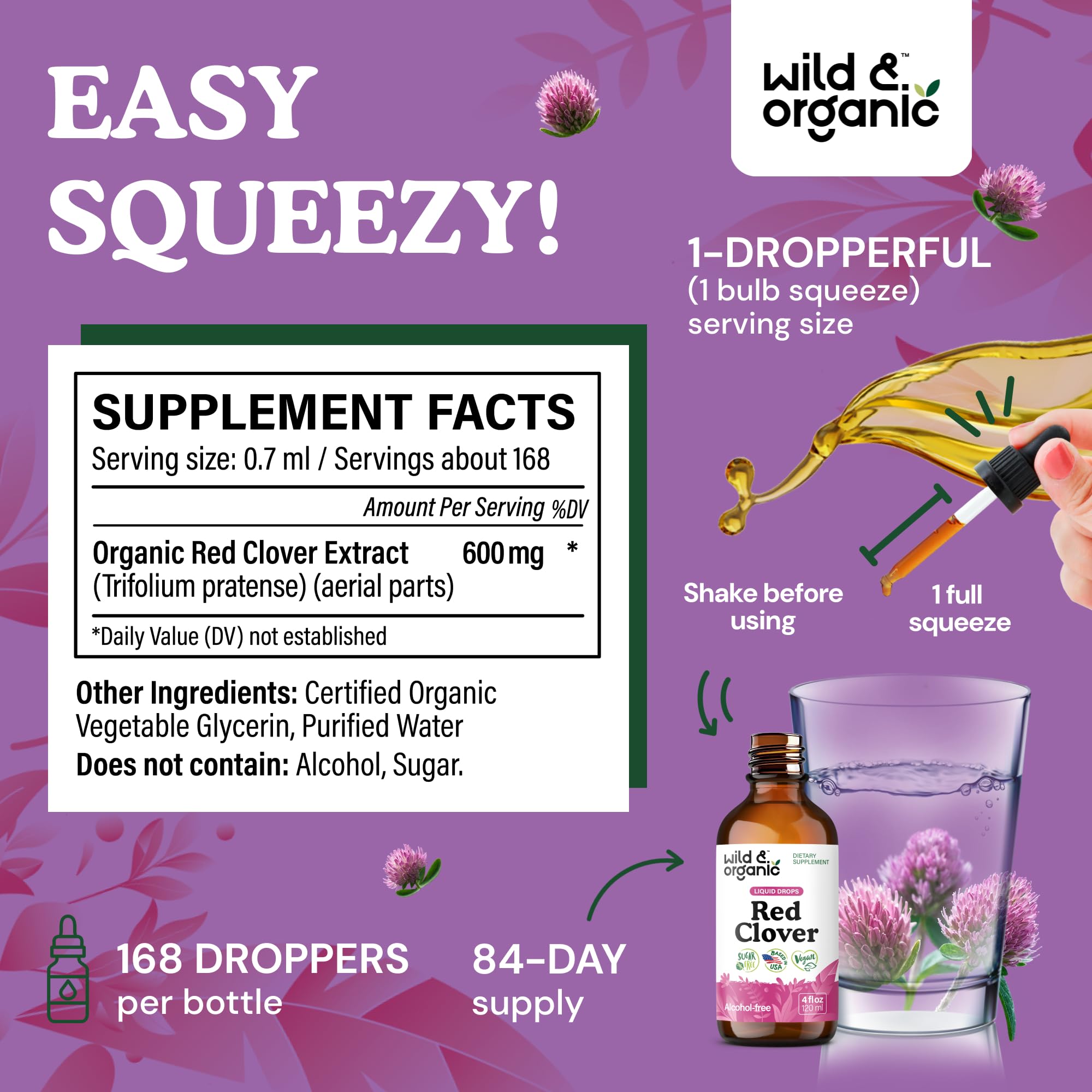 Wild & Organic Red Clover Drops dropper ready for daily use.