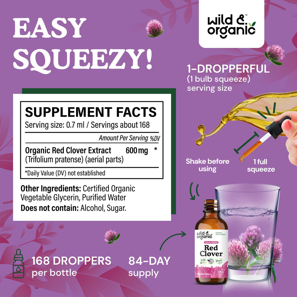 Wild & Organic Red Clover Drops dropper ready for daily use.