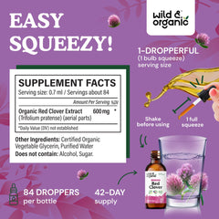 Close-up dropper tip with Wild & Organic Red Clover Drops for precise dosing.
