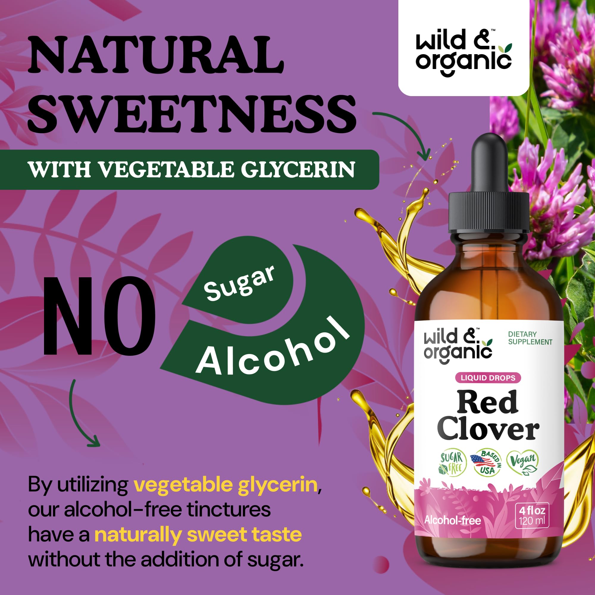 Wild & Organic Red Clover Drops ingredients panel; vegan and GMO-free.