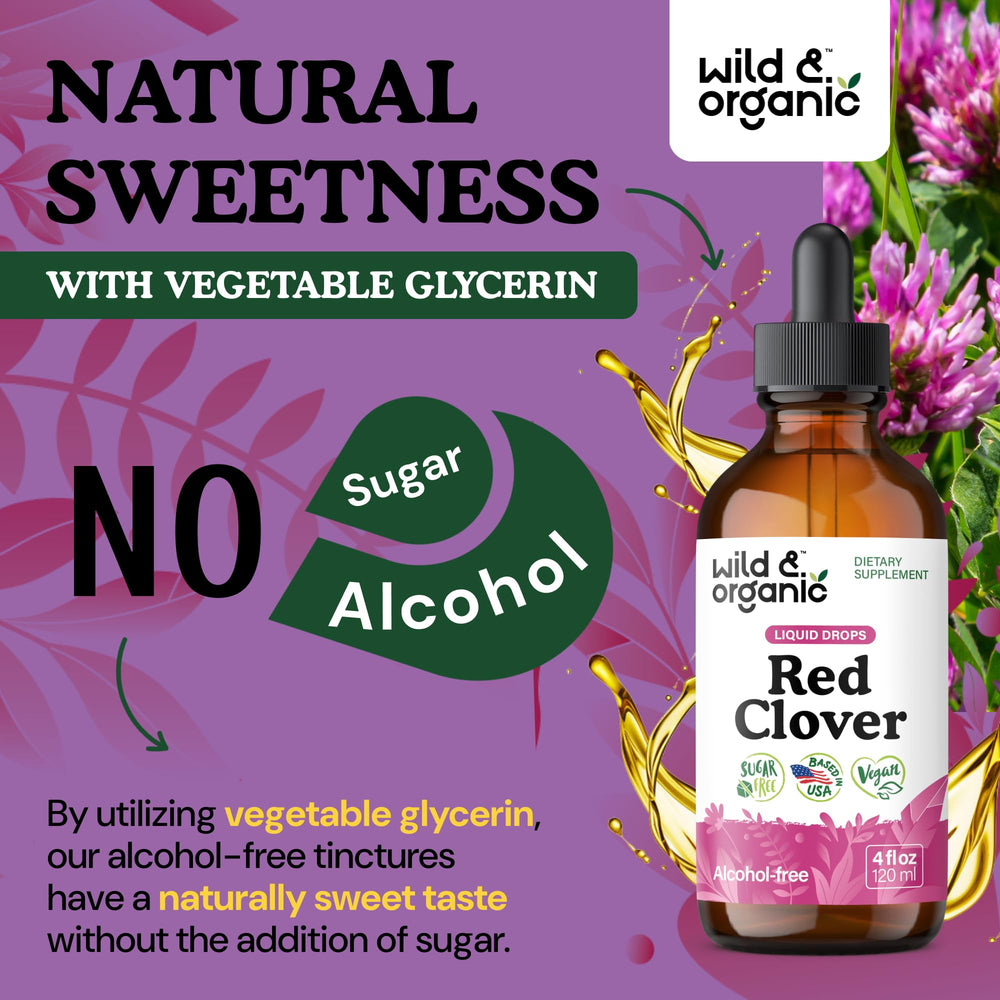 Wild & Organic Red Clover Drops ingredients panel; vegan and GMO-free.