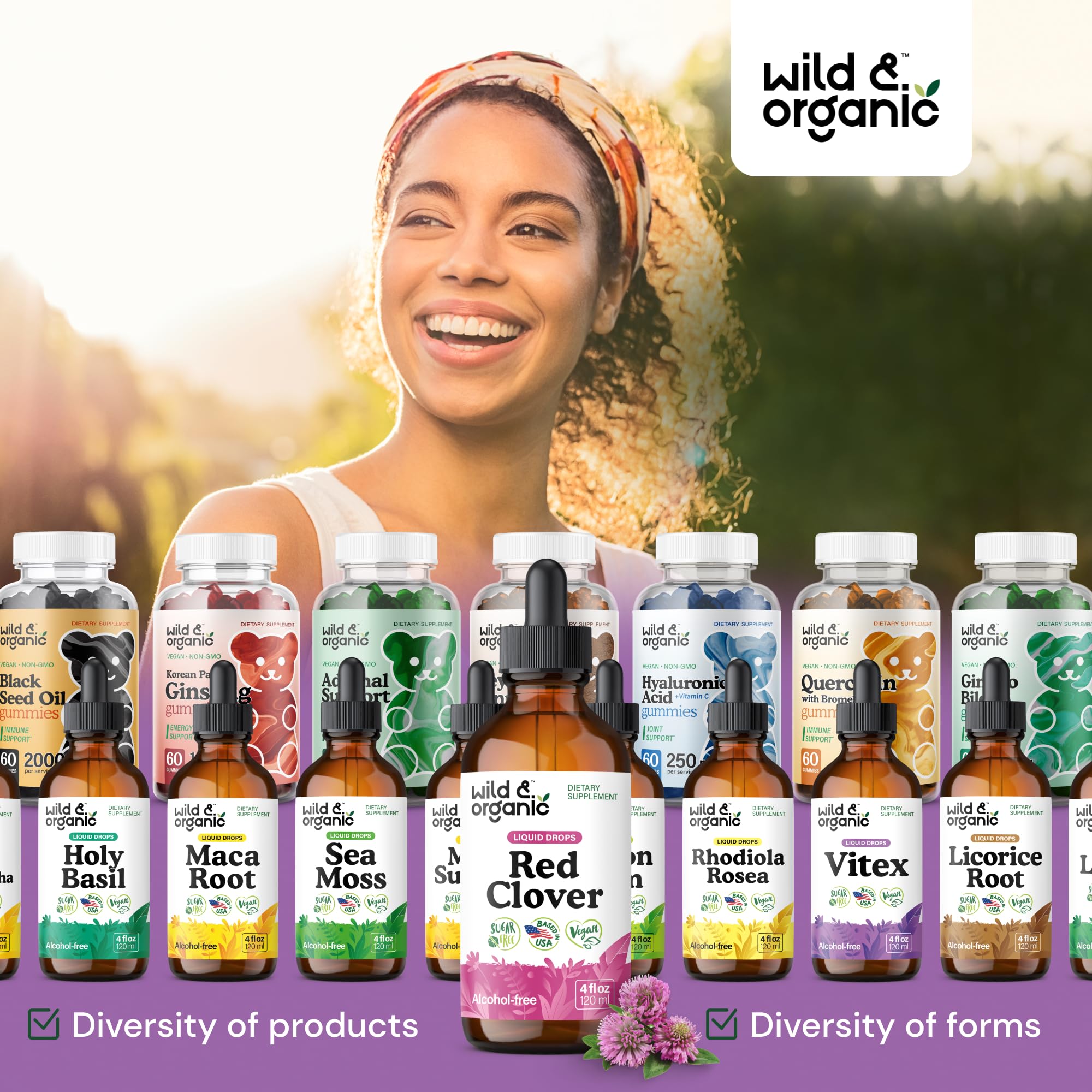 Wild & Organic Red Clover Drops lifestyle shot on table.
