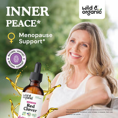 Pour scene of Wild & Organic Red Clover Drops shows glycerin-based, alcohol-free tincture.