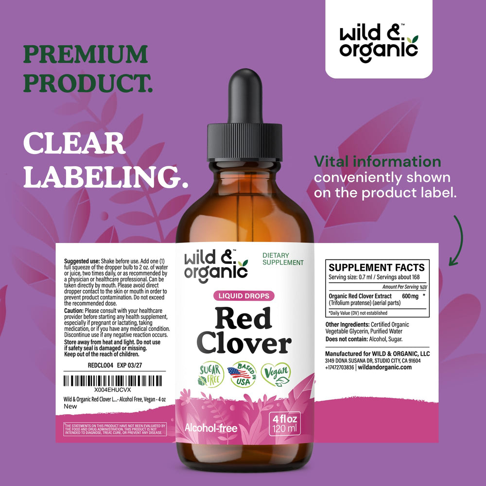 Wild & Organic Red Clover Drops on a shelf with label.