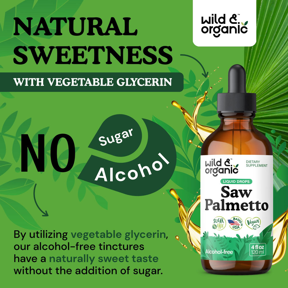 Amber bottle of Wild & Organic Saw Palmetto Tincture on a kitchen counter.