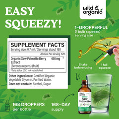Label closeup of Wild & Organic Saw Palmetto Tincture showing vegan, alcohol-free formula.