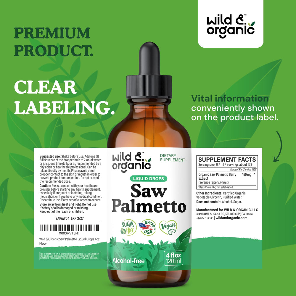 Wild & Organic Saw Palmetto Tincture on shelf with berries nearby.