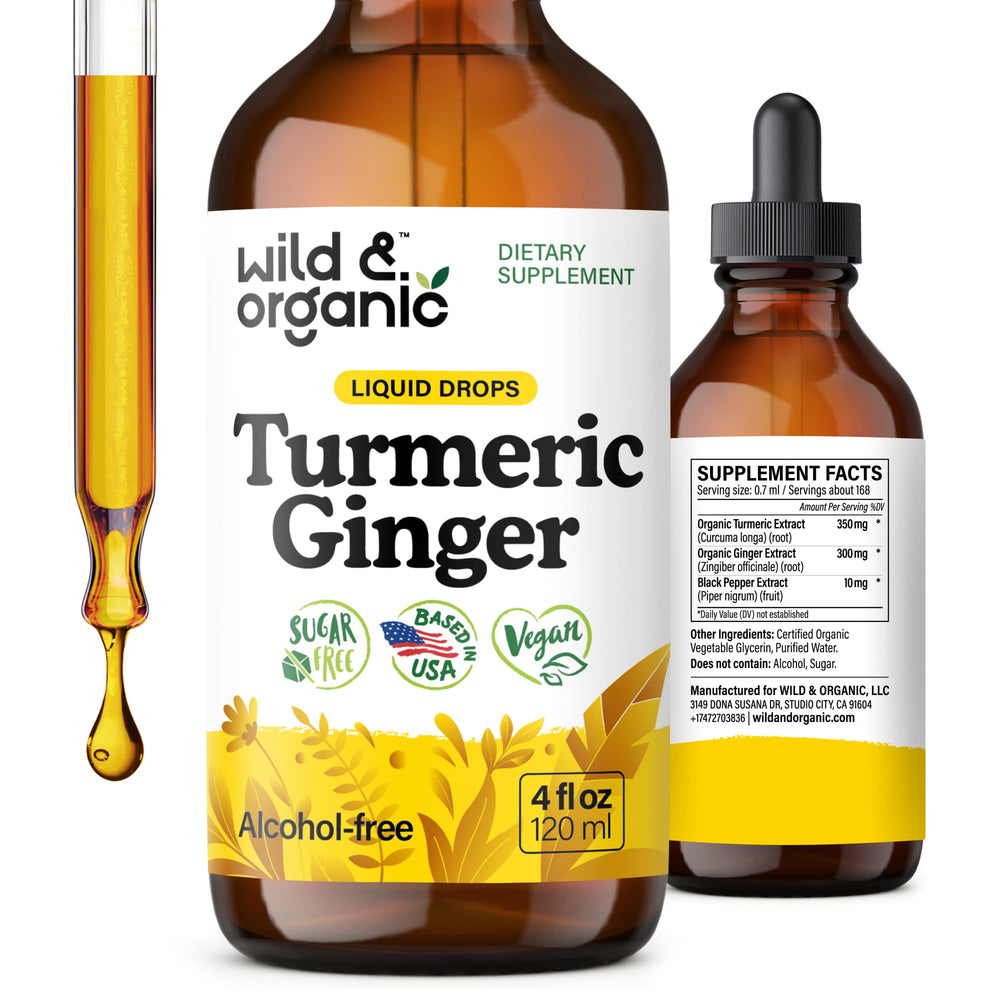 Wild & Organic Turmeric and Ginger Drops bottle; 56-day supply for daily joint and immune wellness.