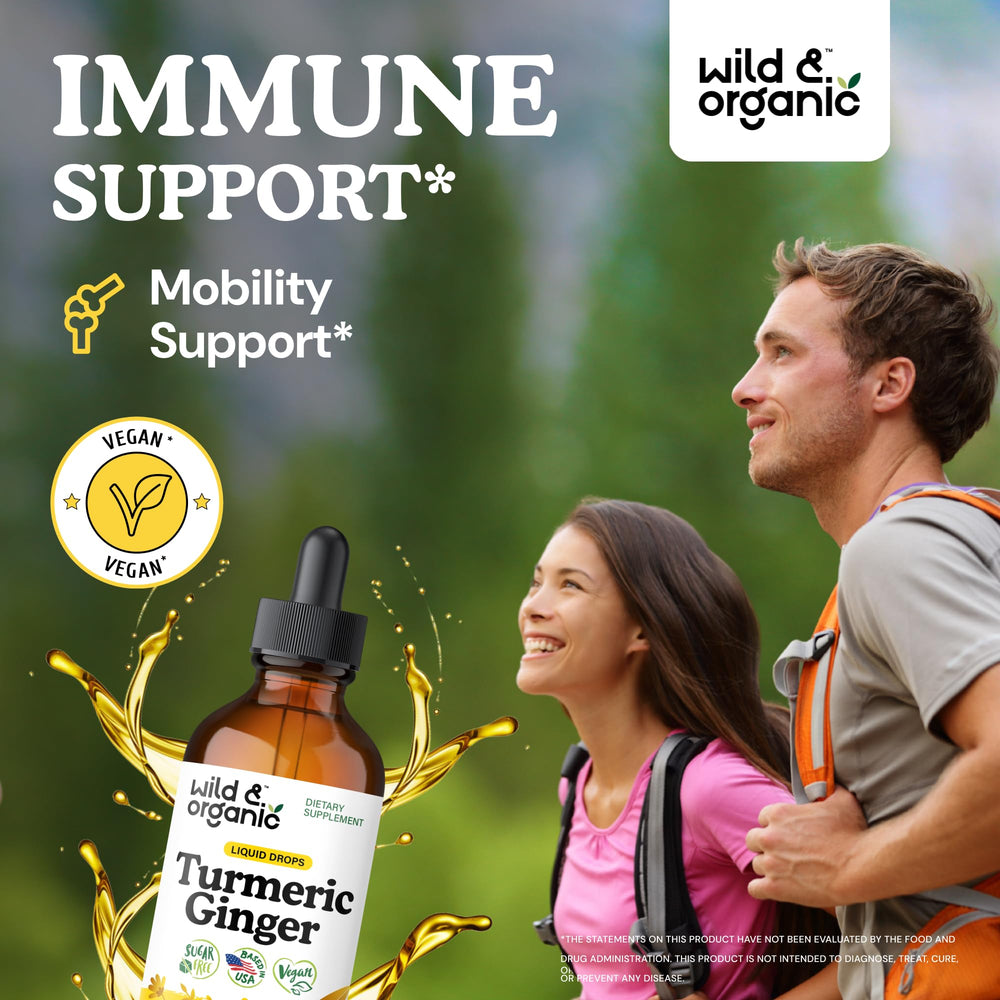 Wild & Organic Turmeric and Ginger Drops dropper ready for daily supplementation.