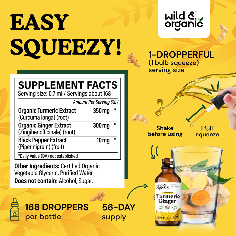 Wild & Organic turmeric-ginger label shows vegan, GMO-free attributes and colors.