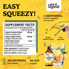 Wild & Organic turmeric-ginger label shows vegan, GMO-free attributes and colors.