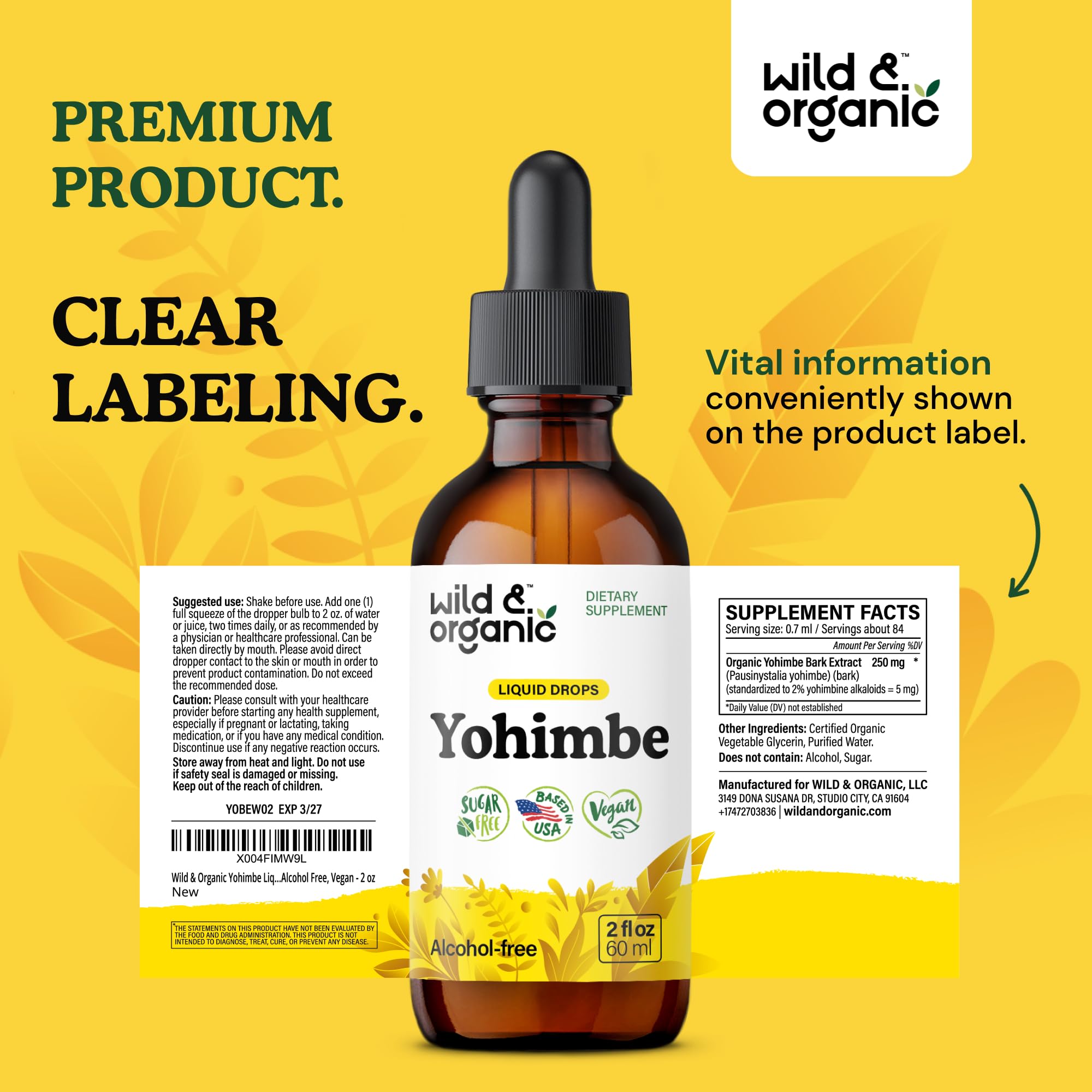 Glycerin-based formula of Wild & Organic Yohimbe Drops for smooth use