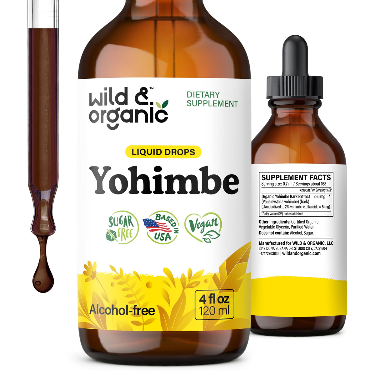 Wild and Organic Yohimbe bottle label highlights vegan, sugar-free formulation.