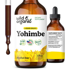 Wild and Organic Yohimbe bottle label highlights vegan, sugar-free formulation.