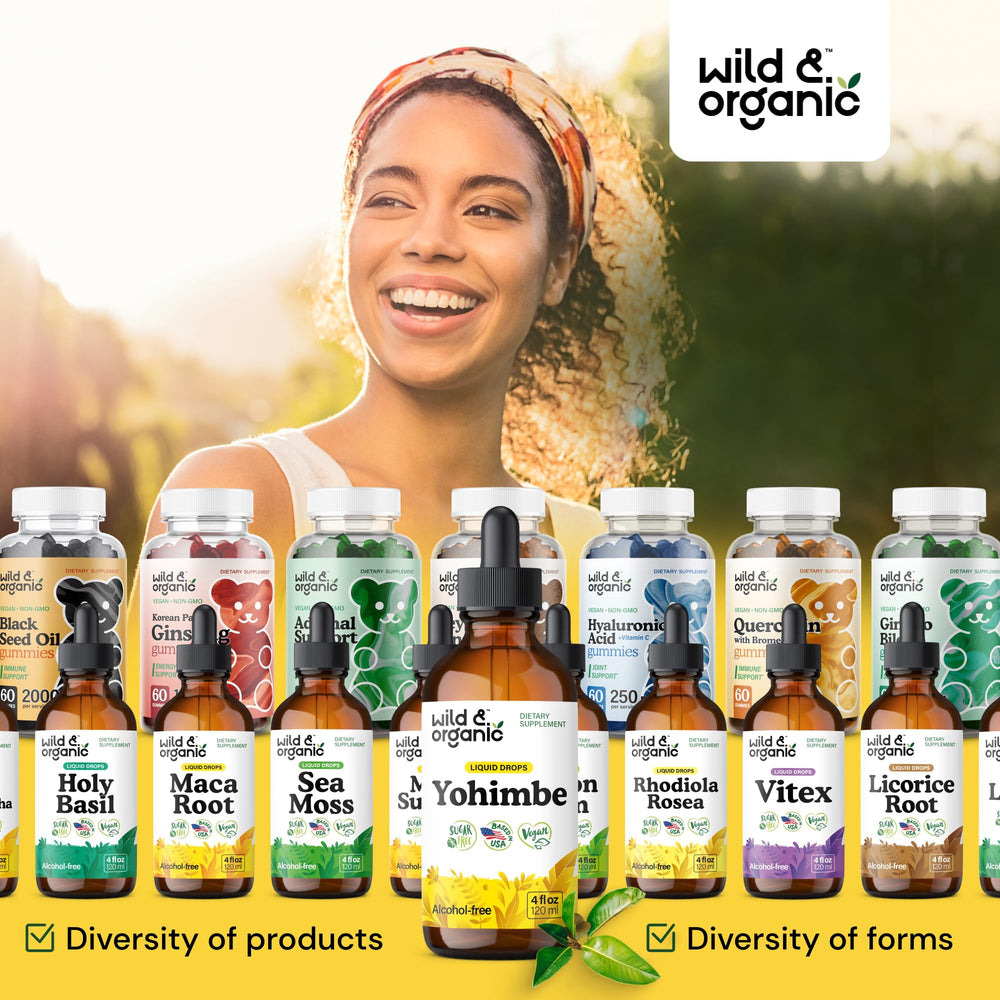 Wild and Organic Yohimbe drops ready for daily wellness routine.