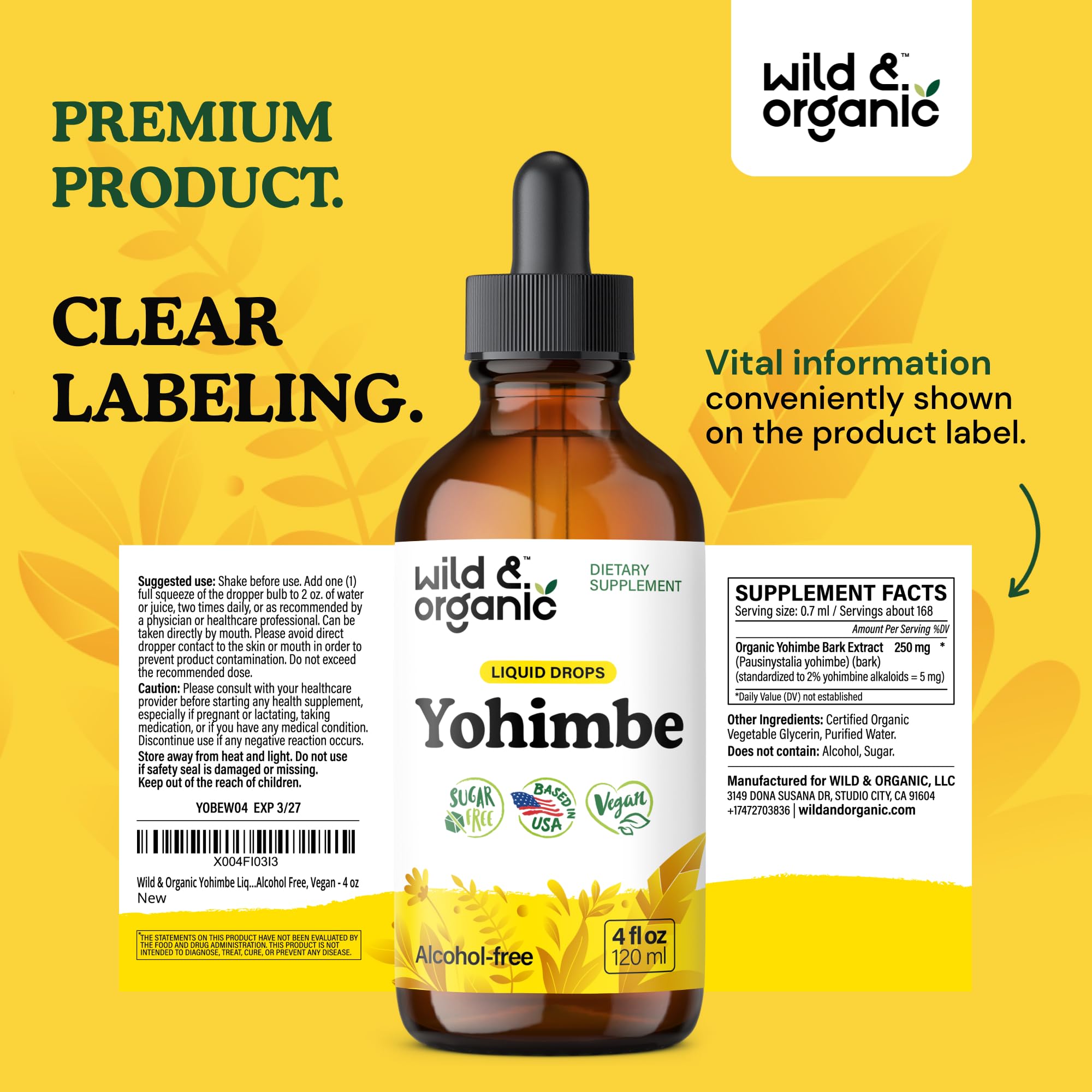 Wild and Organic Yohimbe packaging box highlights alcohol-free solution.