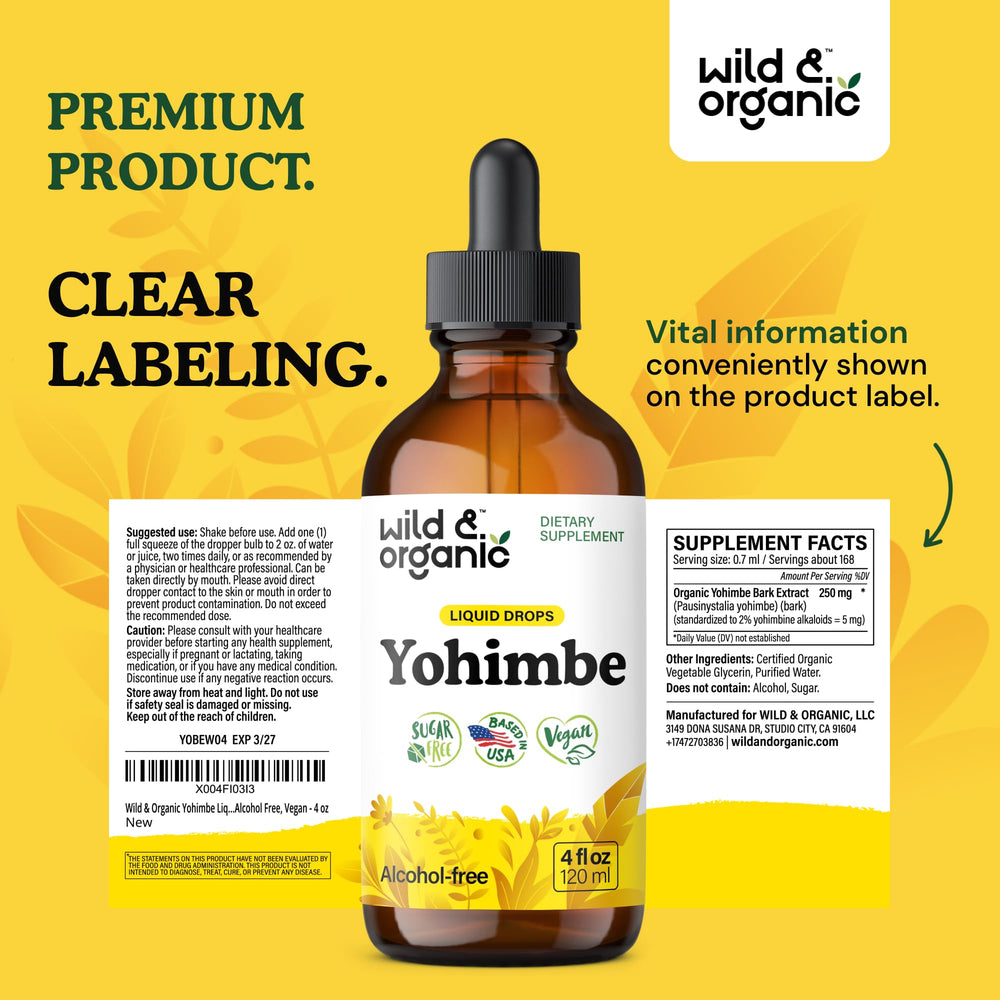 Wild and Organic Yohimbe packaging box highlights alcohol-free solution.