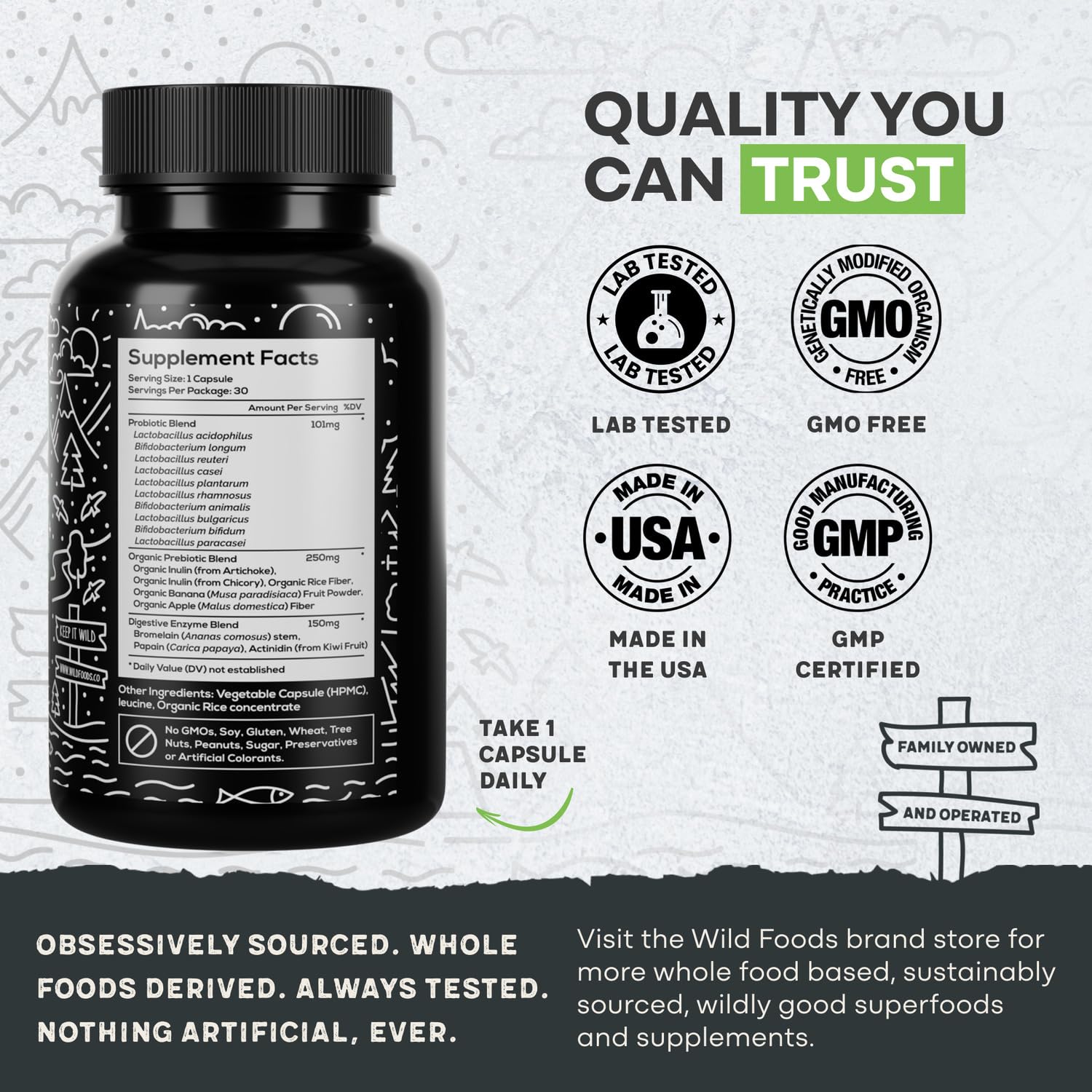 Wild Foods bottle label showing 20B CFU and 10 strains.