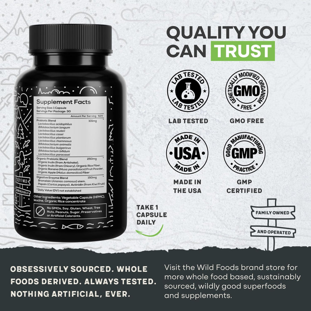 Wild Foods bottle label showing 20B CFU and 10 strains.
