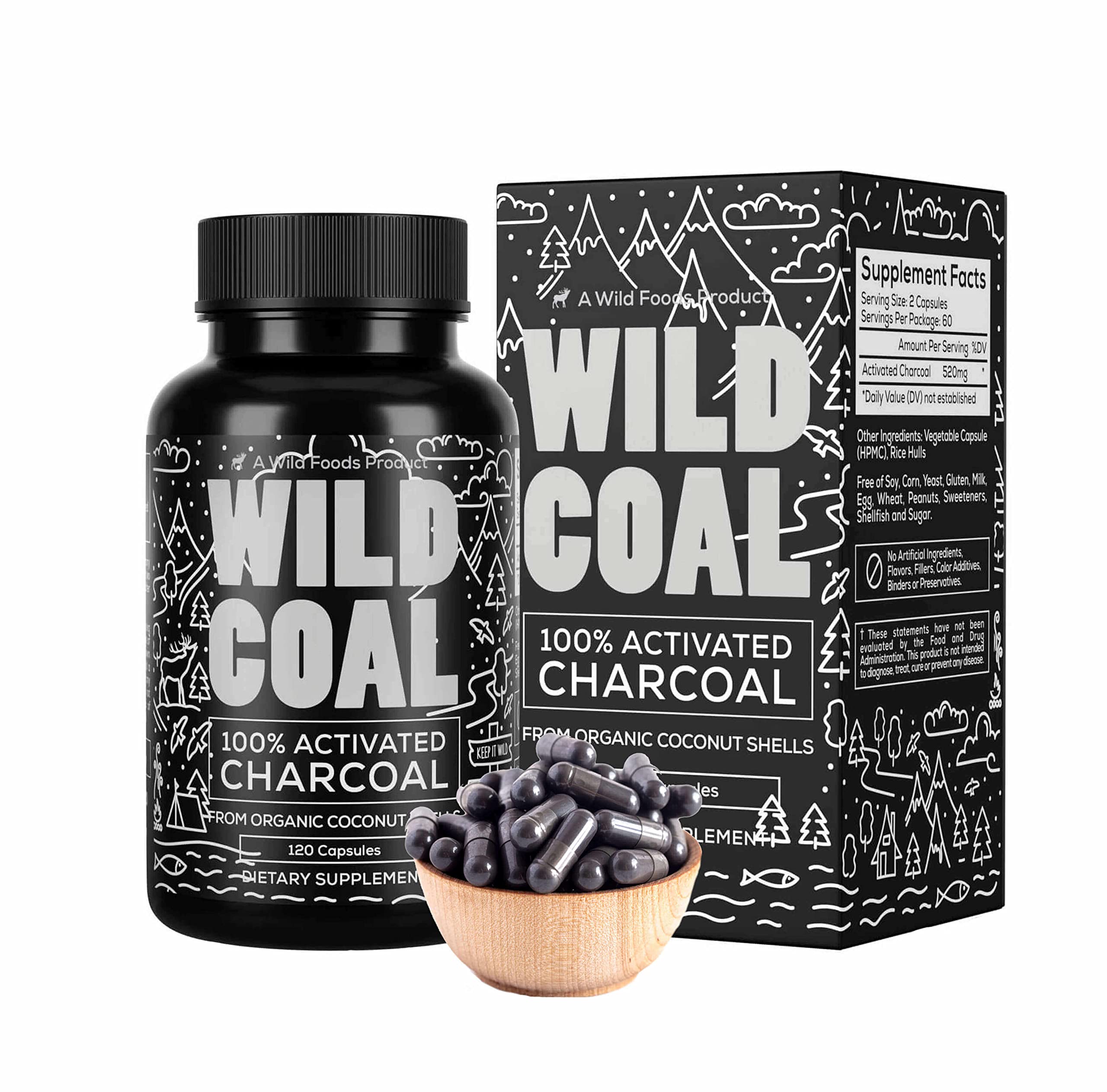 Wild Foods Activated Charcoal capsules bottle for everyday detox and convenience