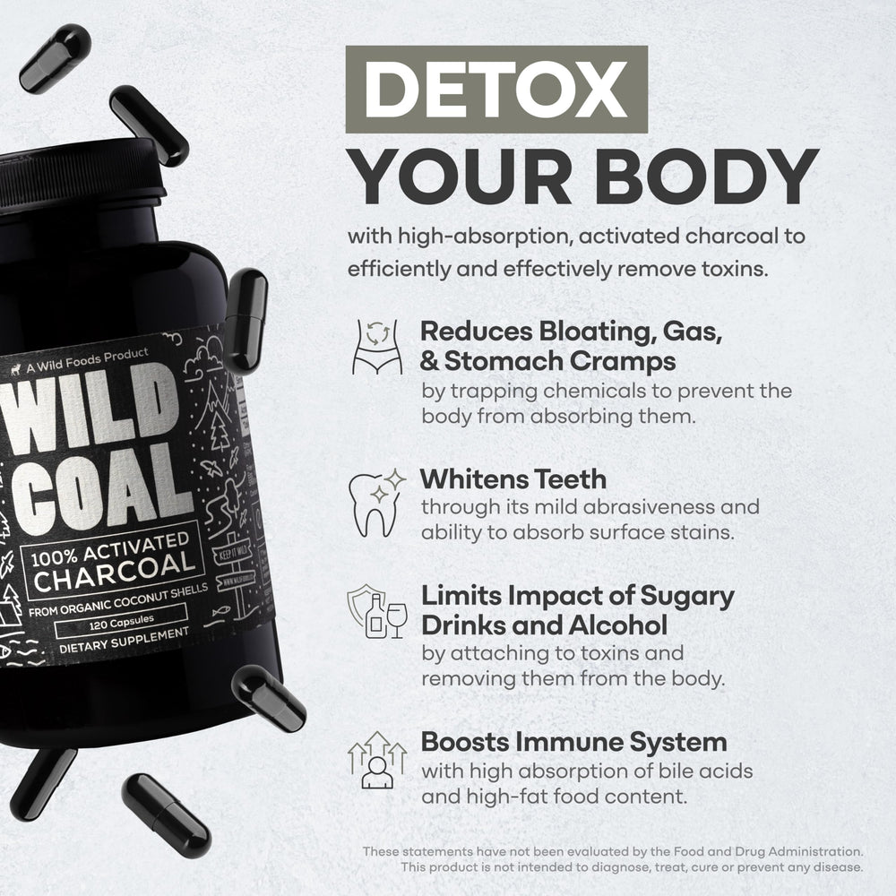 Wild Foods Activated Charcoal capsules closeup for detox support