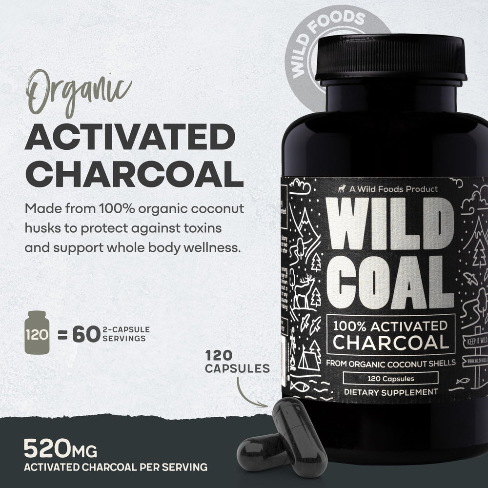 Wild Foods Activated Charcoal label with lab-tested seal for purity