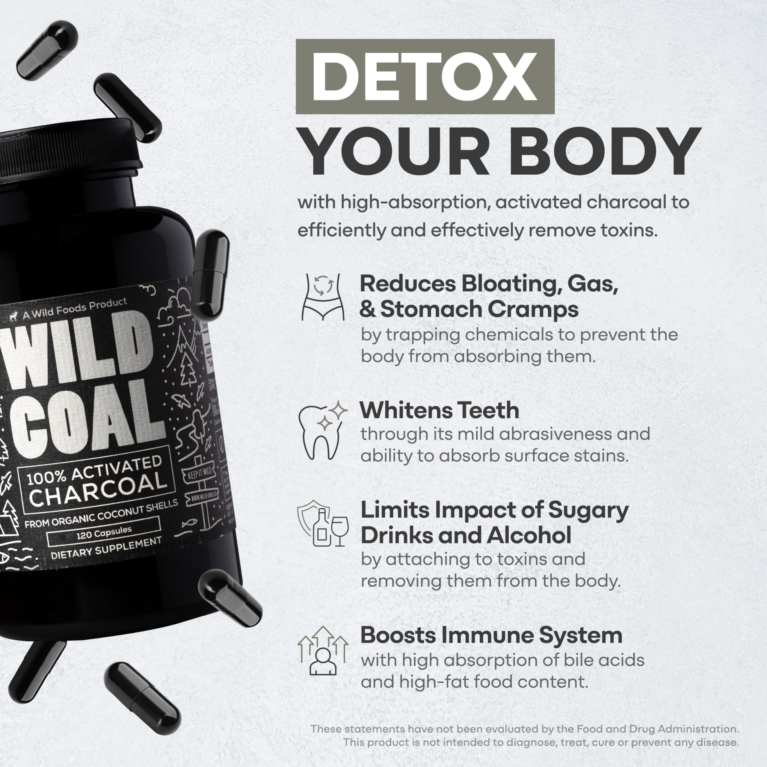 Wild Foods coconut shell charcoal highlights natural purity for digestive support