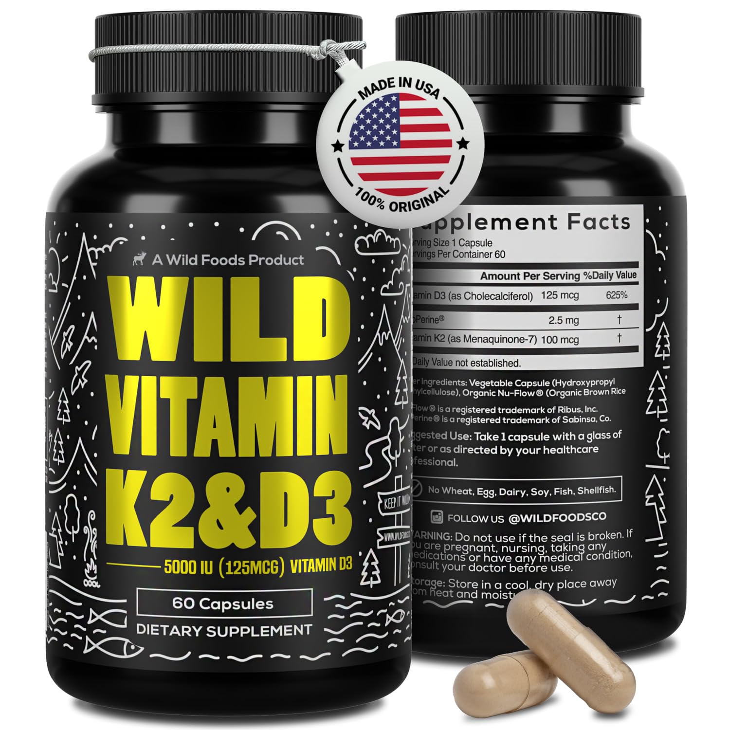 Wild Foods Vitamin D3 + K2 bottle pour for easy daily dosing.